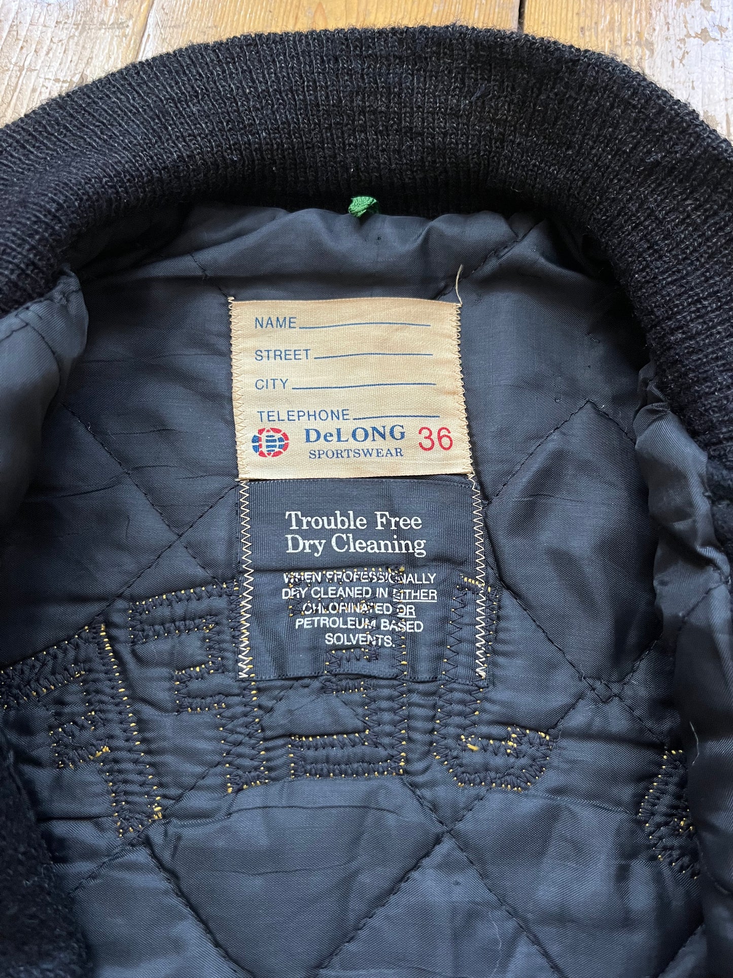 USA made 1980s Delong Sportswear Black Wool Varsity Jacket - Size Small - 36R