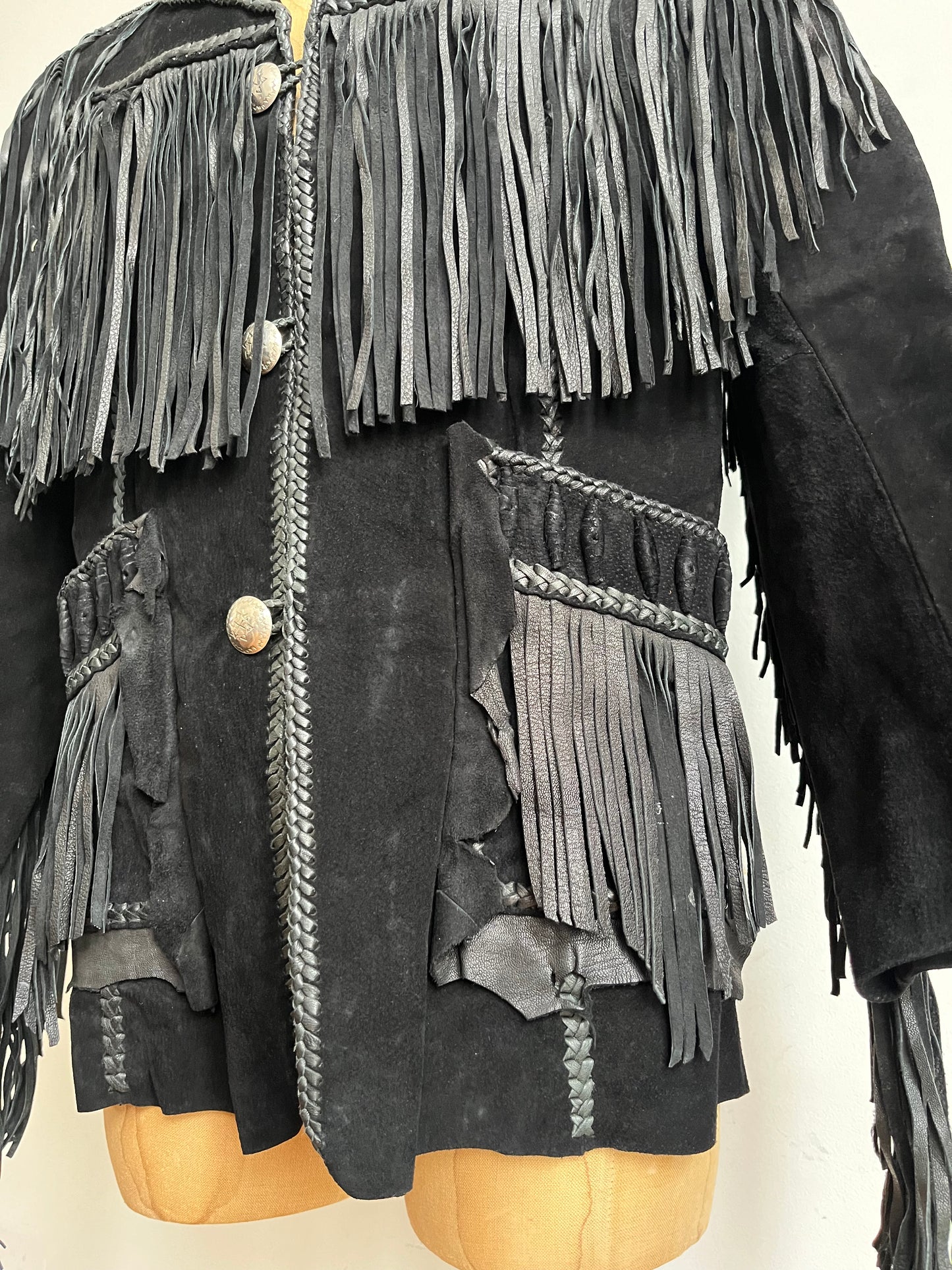 1960s Echo Mountain Black Fringe Suede Jacket with Beading - Size Medium