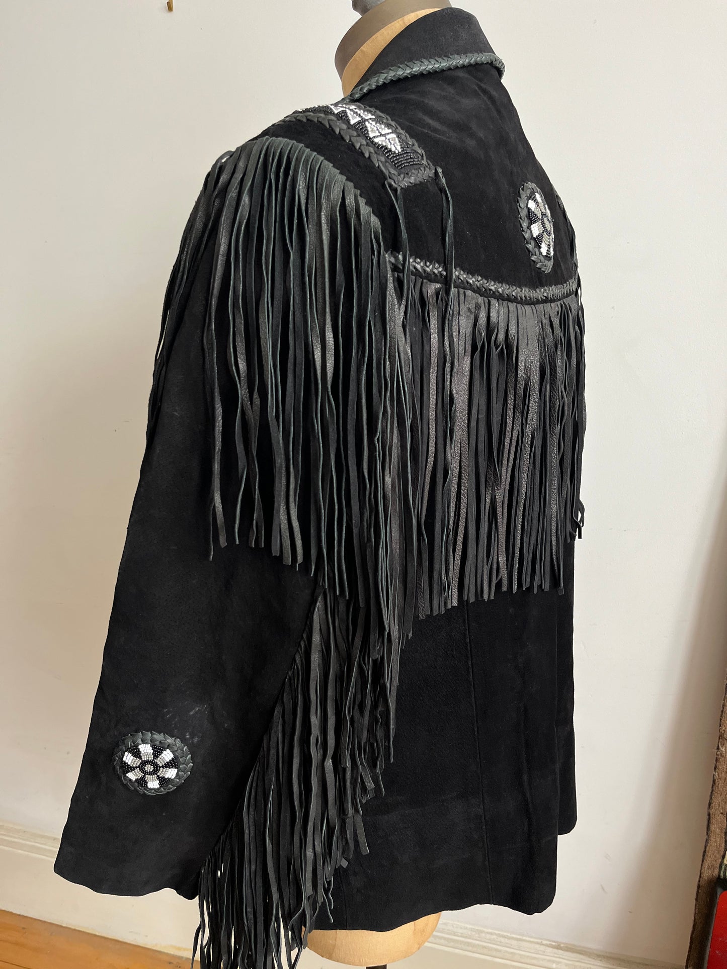 1960s Echo Mountain Black Fringe Suede Jacket with Beading - Size Medium