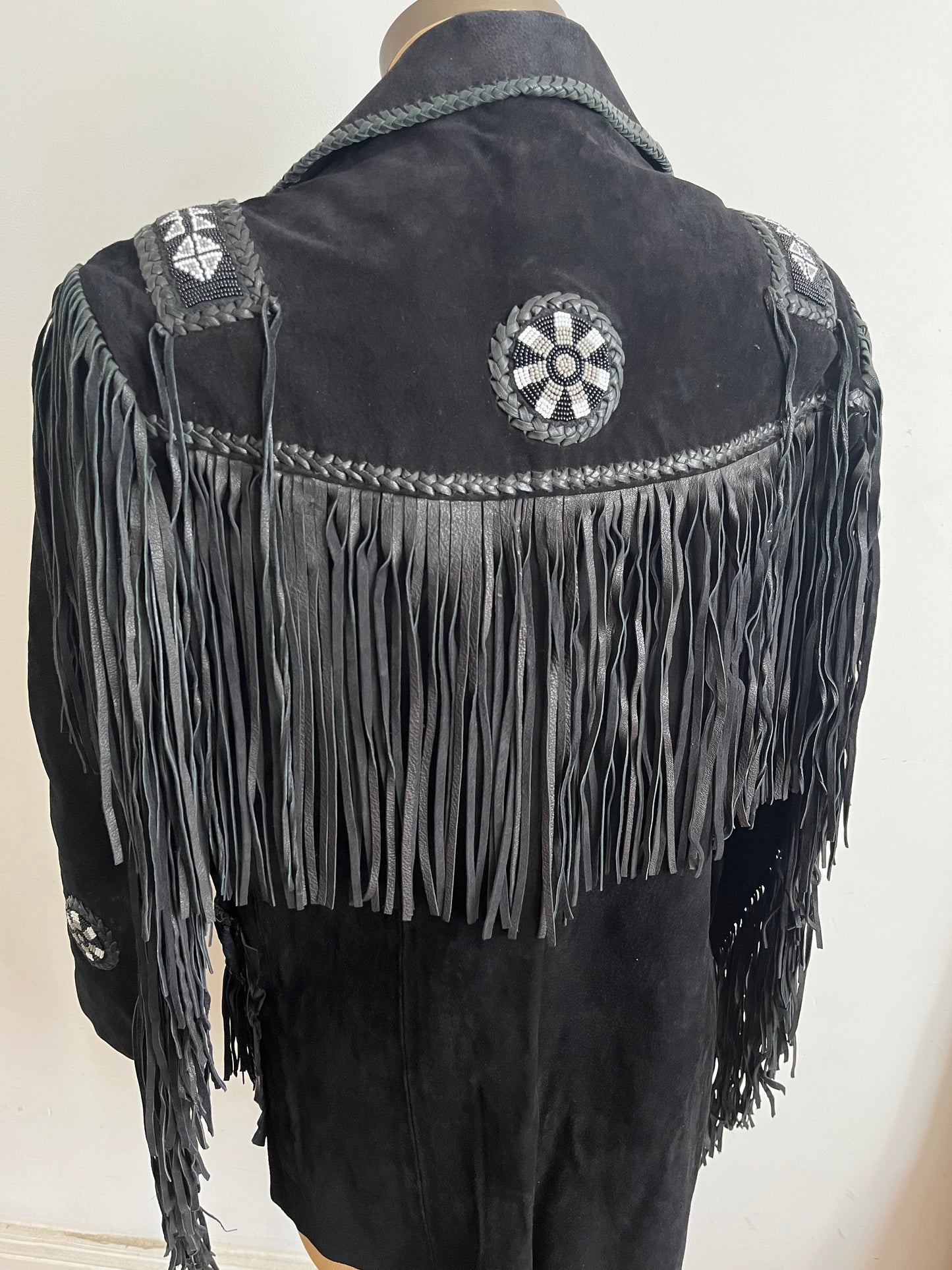 1960s Echo Mountain Black Fringe Suede Jacket with Beading - Size Medium