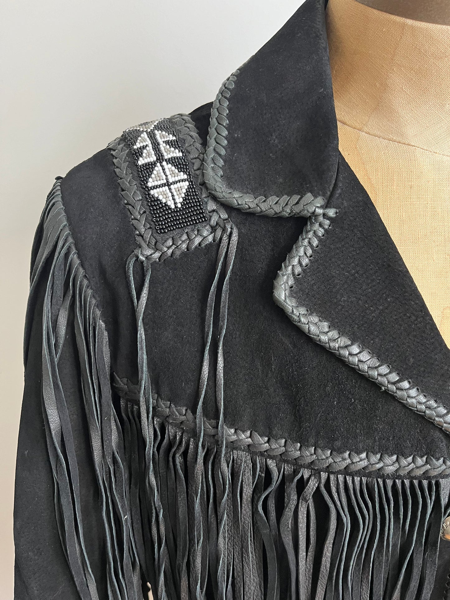 1960s Echo Mountain Black Fringe Suede Jacket with Beading - Size Medium