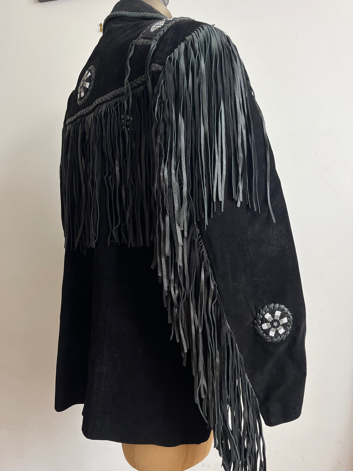 1960s Echo Mountain Black Fringe Suede Jacket with Beading - Size Medium