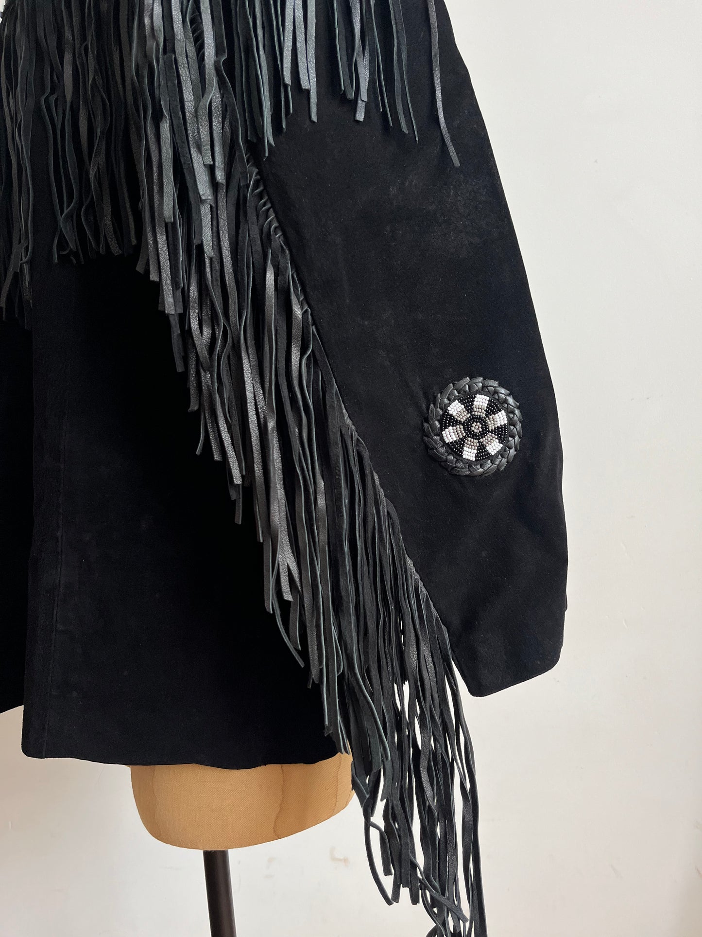 1960s Echo Mountain Black Fringe Suede Jacket with Beading - Size Medium