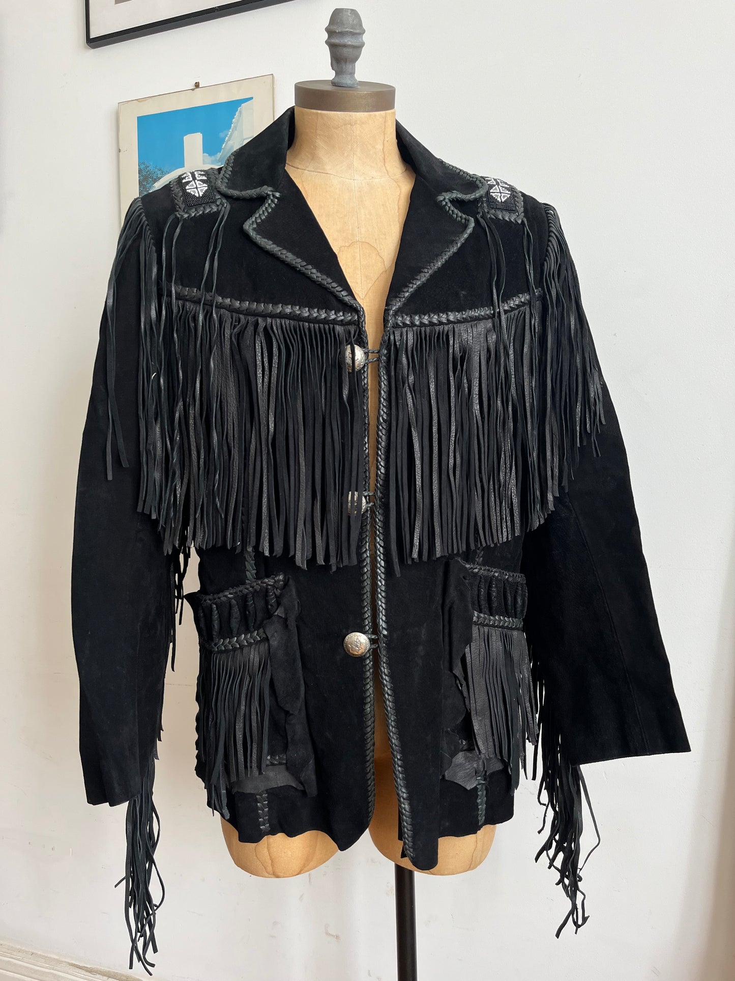 1960s Echo Mountain Black Fringe Suede Jacket with Beading - Size Medium