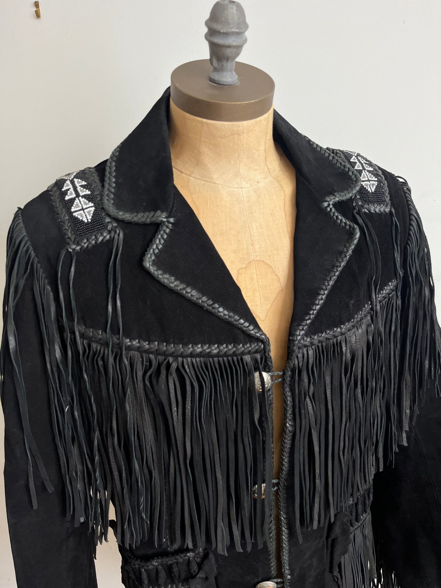 1960s Echo Mountain Black Fringe Suede Jacket with Beading - Size Medium