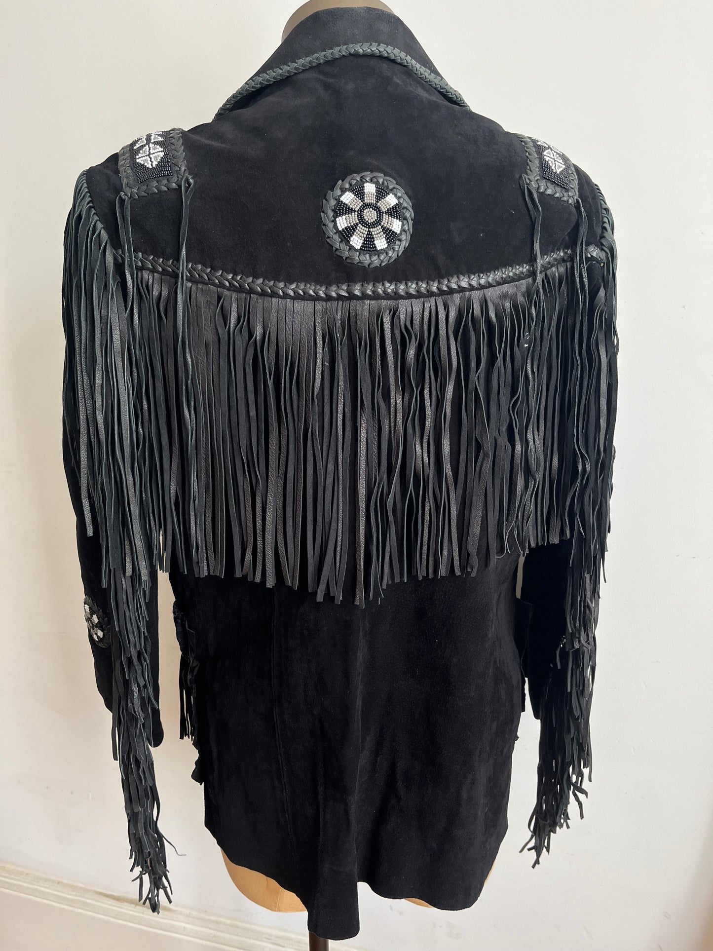 1960s Echo Mountain Black Fringe Suede Jacket with Beading - Size Medium