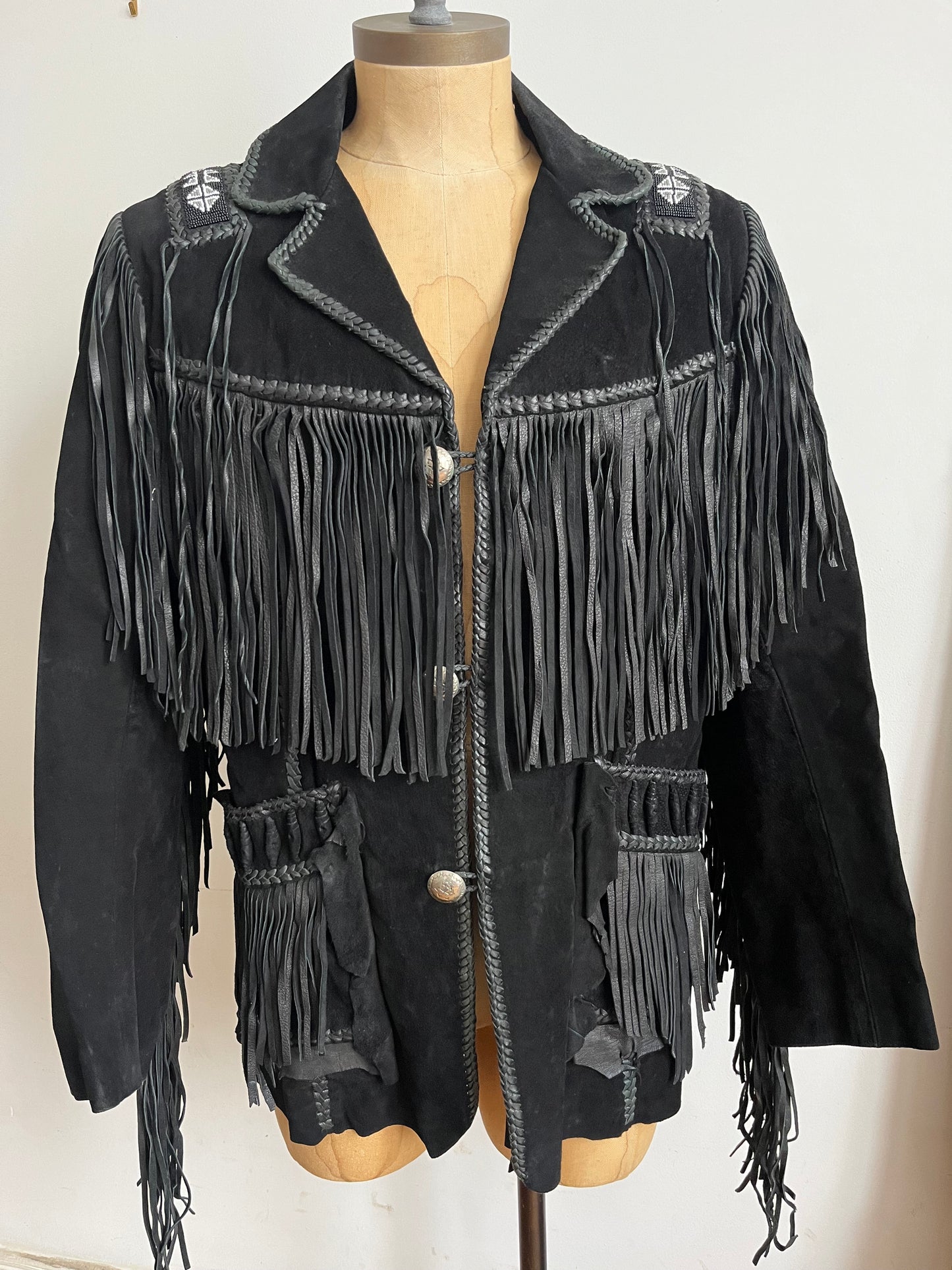 1960s Echo Mountain Black Fringe Suede Jacket with Beading - Size Medium